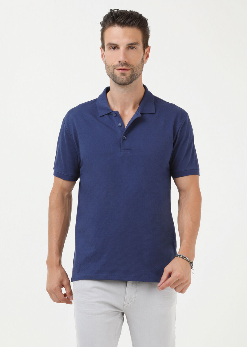 Indigo Jacquard Polo Neck 100% Cotton T-Shirt - 1