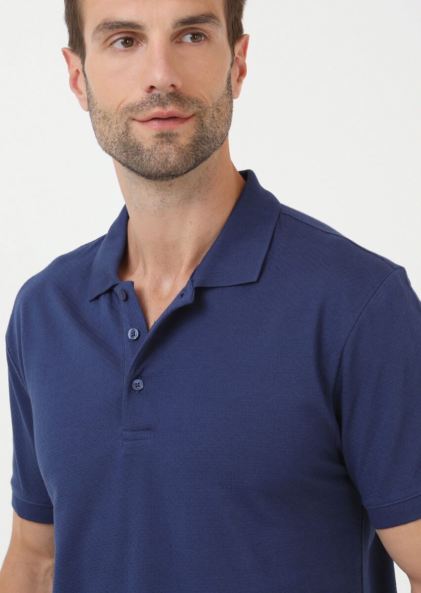Indigo Jacquard Polo Neck 100% Cotton T-Shirt - 2