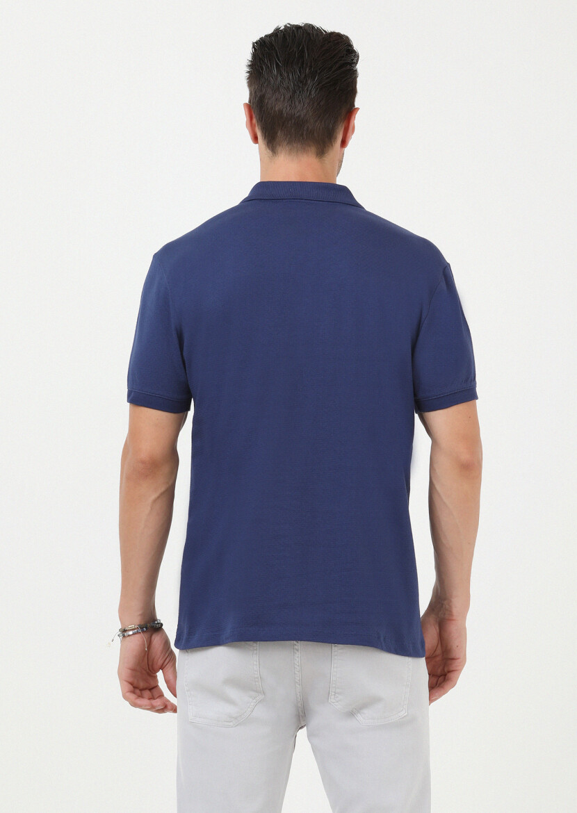 Indigo Jacquard Polo Neck 100% Cotton T-Shirt - 4