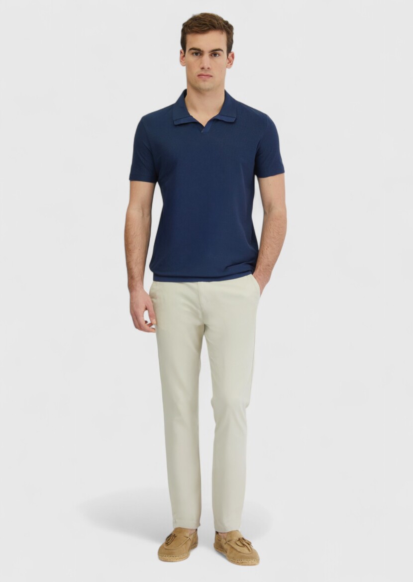 Indigo Jacquard Polo Neck 100% Cotton T-Shirt - RAMSEY