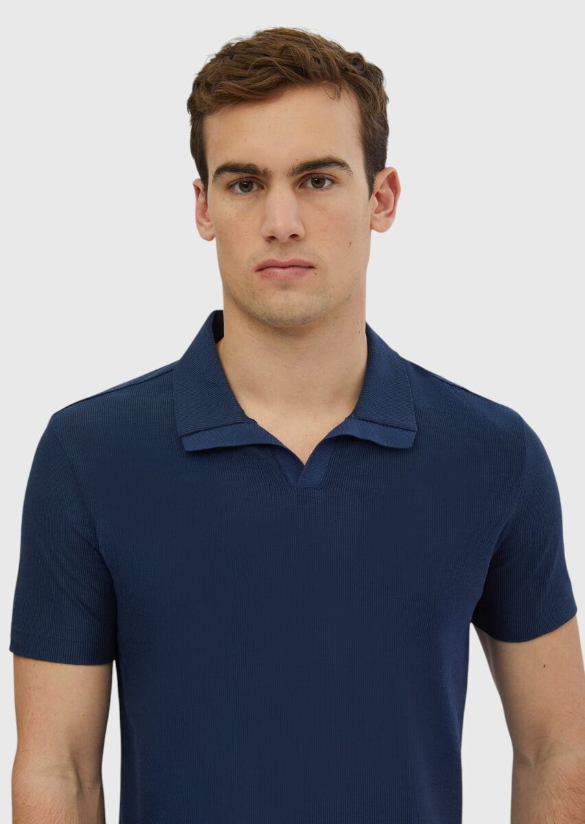 Indigo Jacquard Polo Neck 100% Cotton T-Shirt - 3