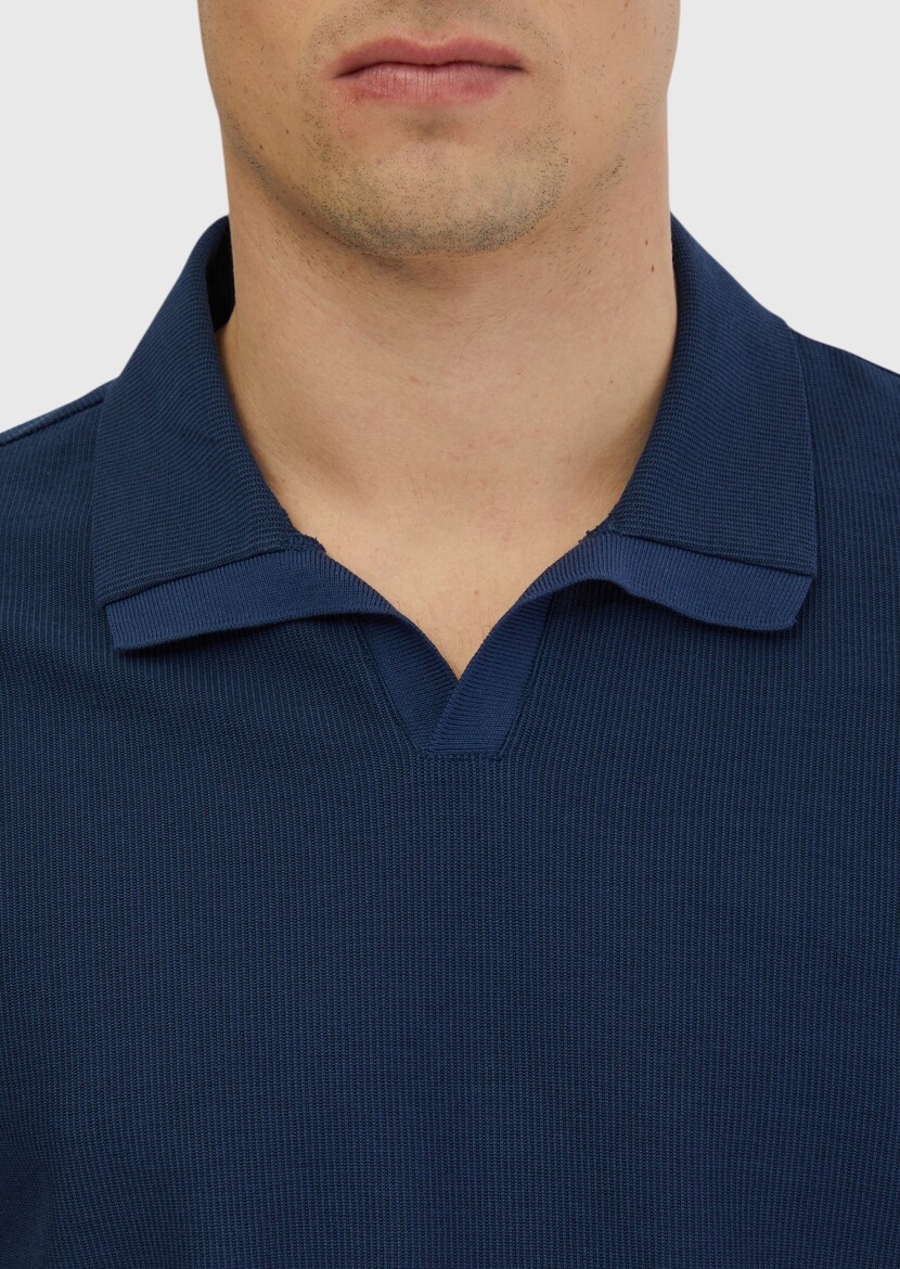 Indigo Jacquard Polo Neck 100% Cotton T-Shirt - 5