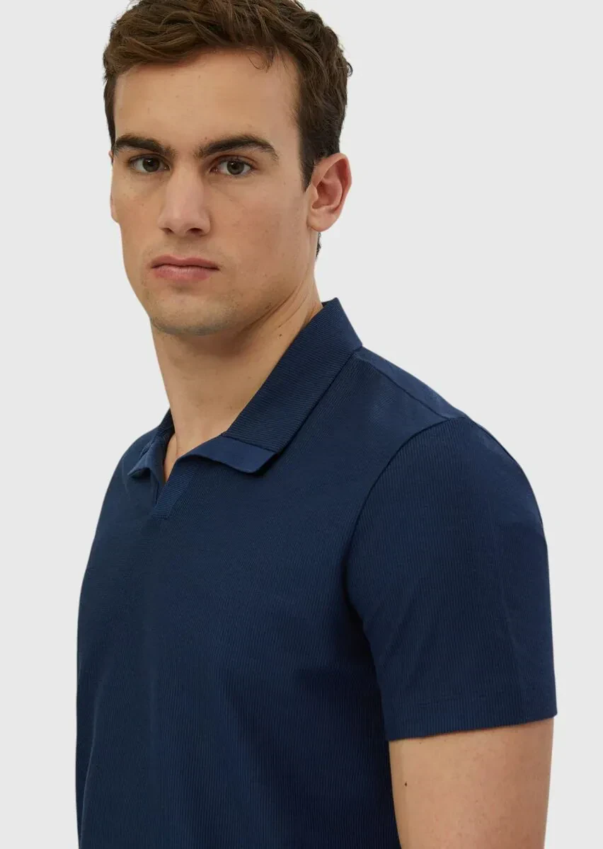 Indigo Jacquard Polo Neck 100% Cotton T-Shirt - 4
