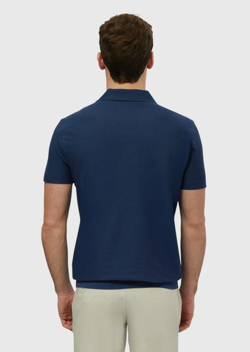 Indigo Jacquard Polo Neck 100% Cotton T-Shirt - 6