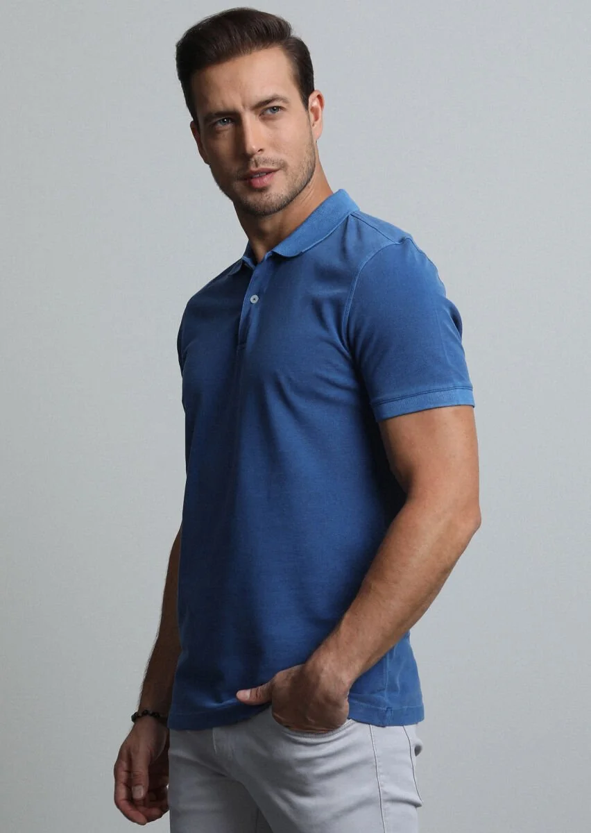 İndigo Jakarlı Polo Yaka %100 Pamuk T-Shirt - 3