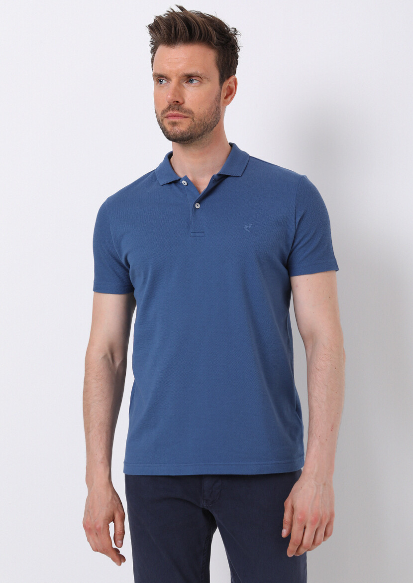 İndigo Jakarlı Polo Yaka %100 Pamuk T-Shirt - 1