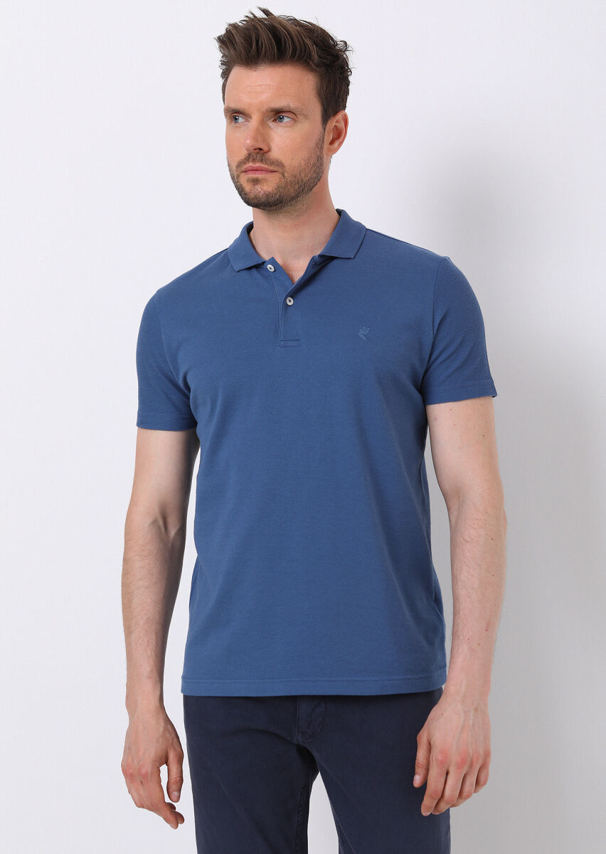 İndigo Jakarlı Polo Yaka %100 Pamuk T-Shirt - 1