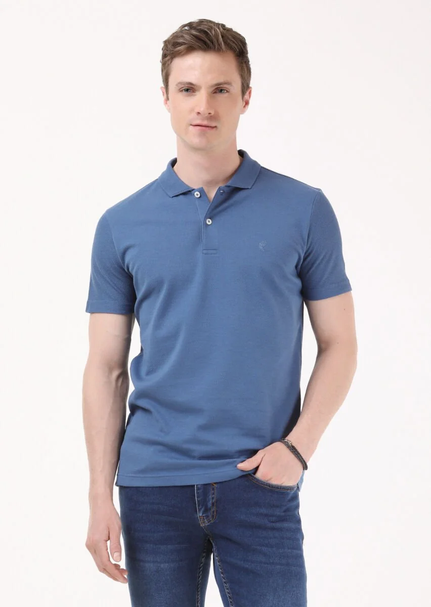 İndigo Jakarlı Polo Yaka %100 Pamuk T-Shirt - 1