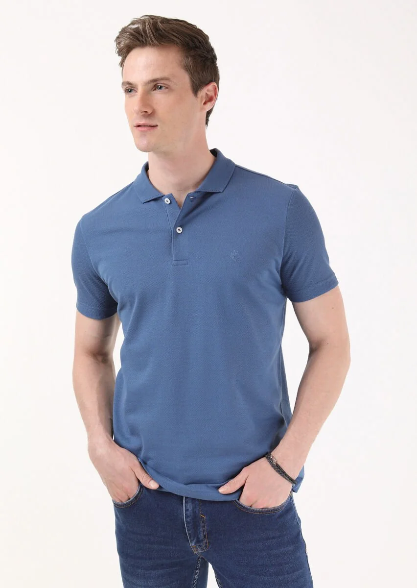 İndigo Jakarlı Polo Yaka %100 Pamuk T-Shirt - 2