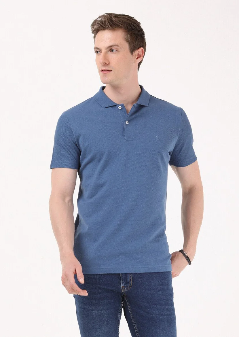 İndigo Jakarlı Polo Yaka %100 Pamuk T-Shirt - 3