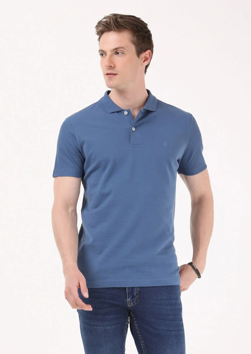 İndigo Jakarlı Polo Yaka %100 Pamuk T-Shirt - 3