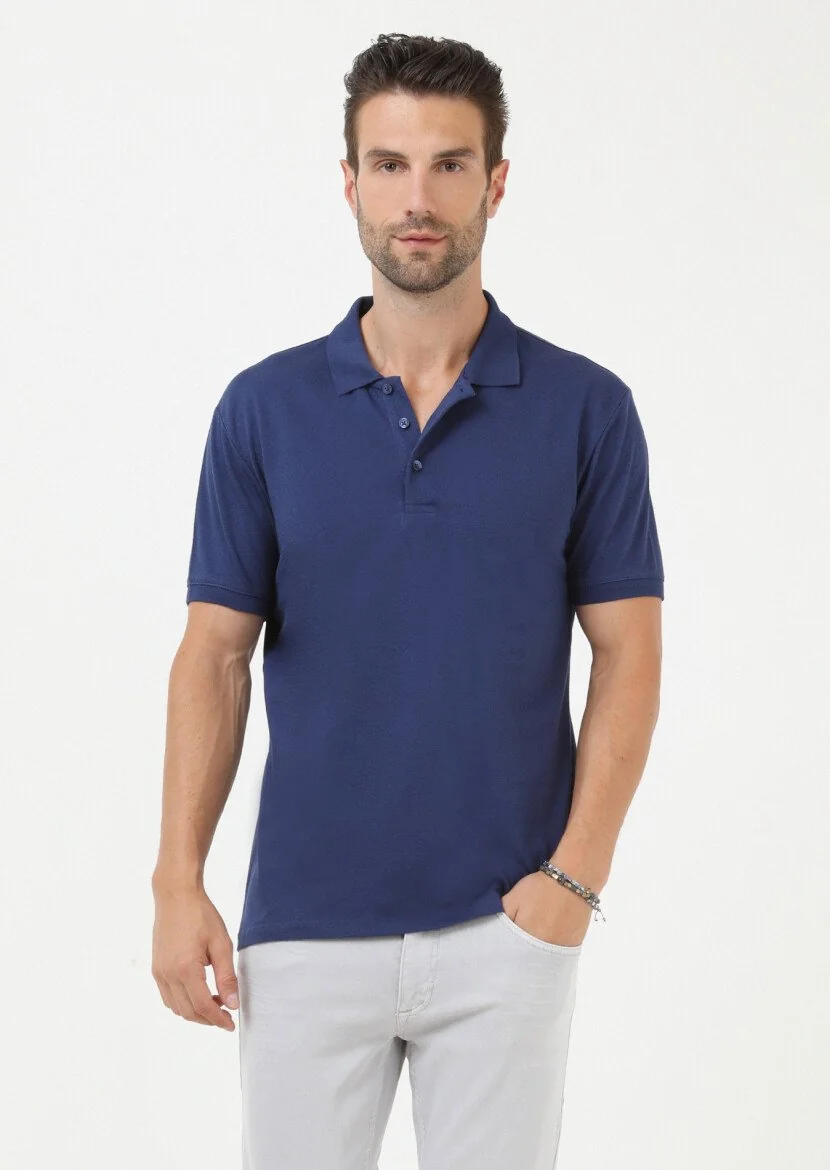 İndigo Jakarlı Polo Yaka %100 Pamuk T-Shirt - 3