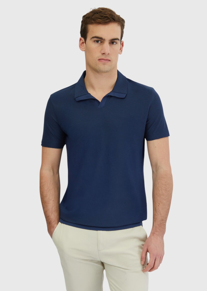 İndigo Jakarlı Polo Yaka %100 Pamuk T-Shirt - 1