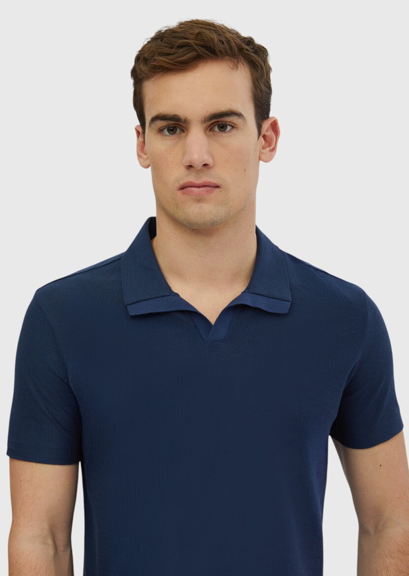 İndigo Jakarlı Polo Yaka %100 Pamuk T-Shirt - 3