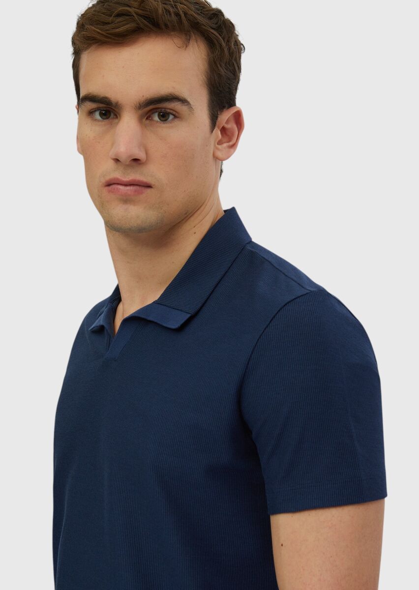 İndigo Jakarlı Polo Yaka %100 Pamuk T-Shirt - 4