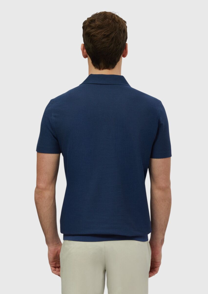 İndigo Jakarlı Polo Yaka %100 Pamuk T-Shirt - 6
