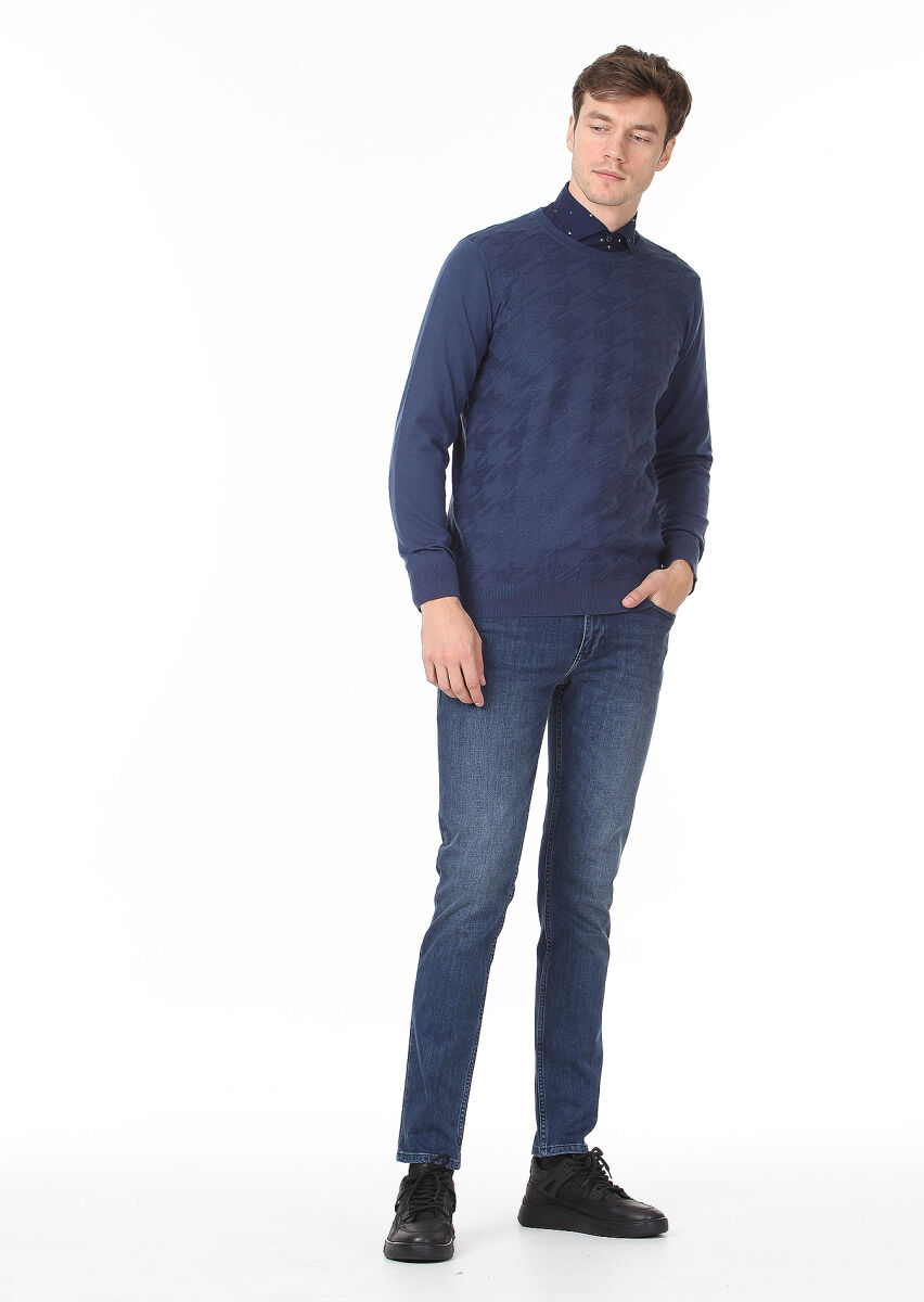 İndigo Jakarlı Yün Karışımlı Triko Kazak - 3