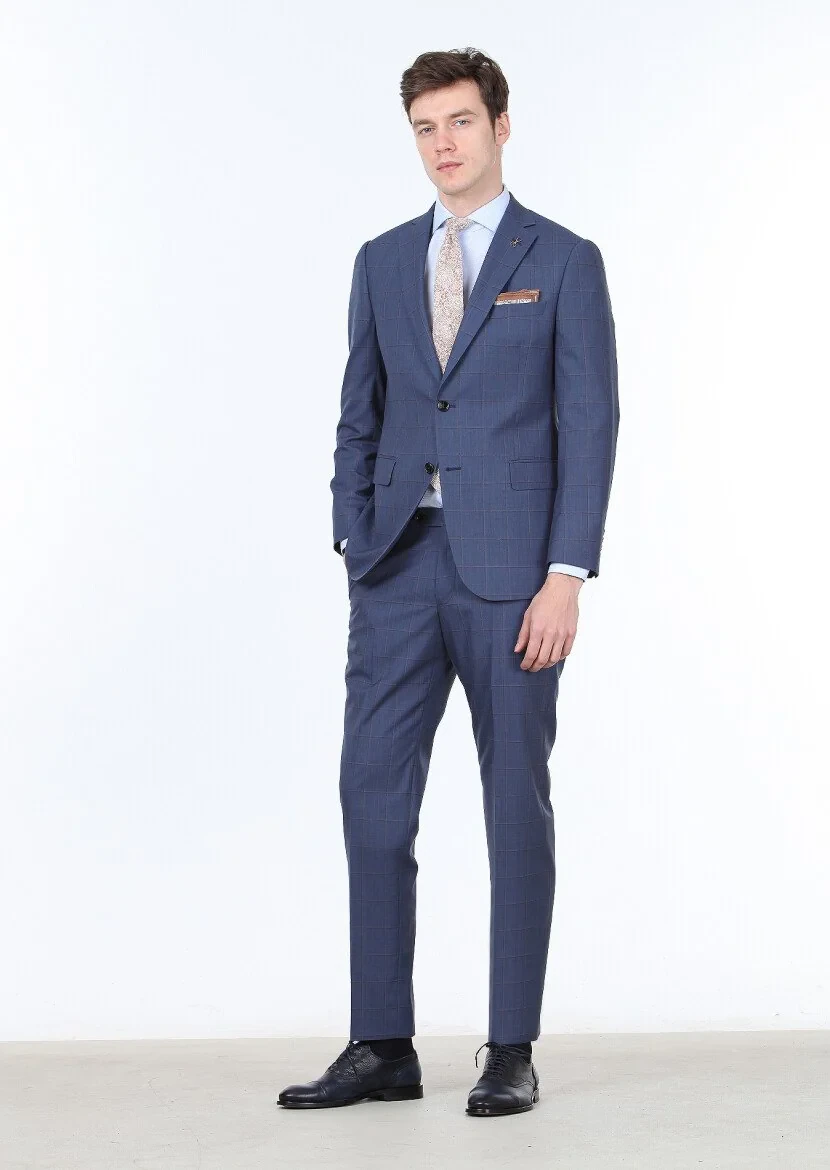 İndigo Kareli Regular Fit %100 Yün Takım Elbise - 1