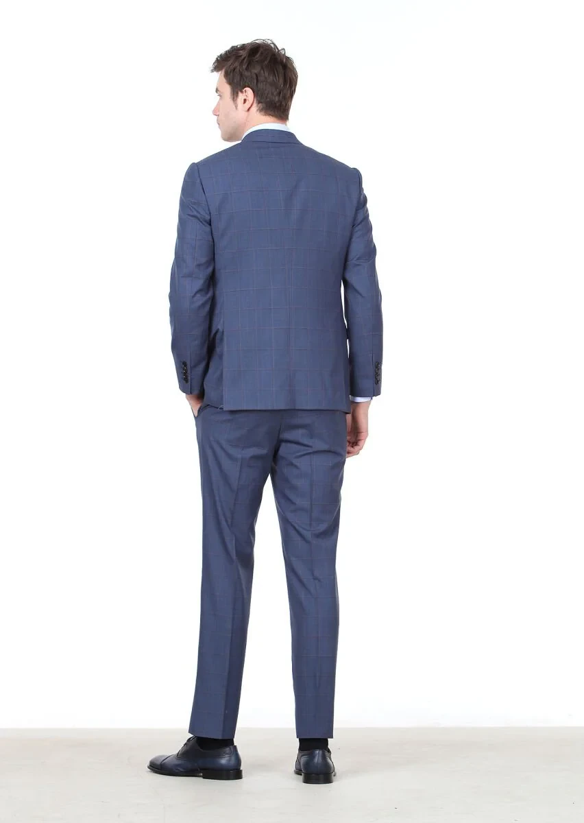 İndigo Kareli Regular Fit %100 Yün Takım Elbise - 4