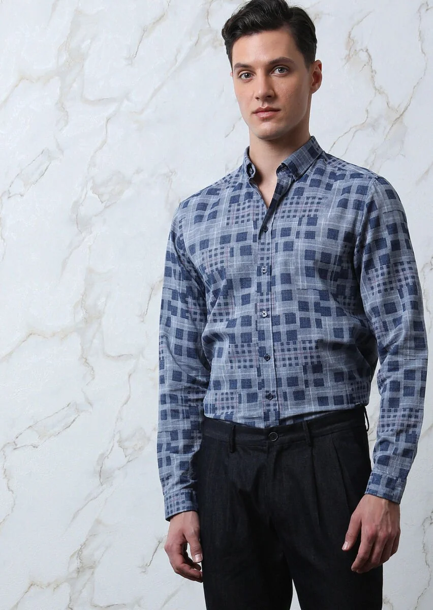 İndigo Kareli Regular Fit Dokuma Casual %100 Pamuk Gömlek - 1
