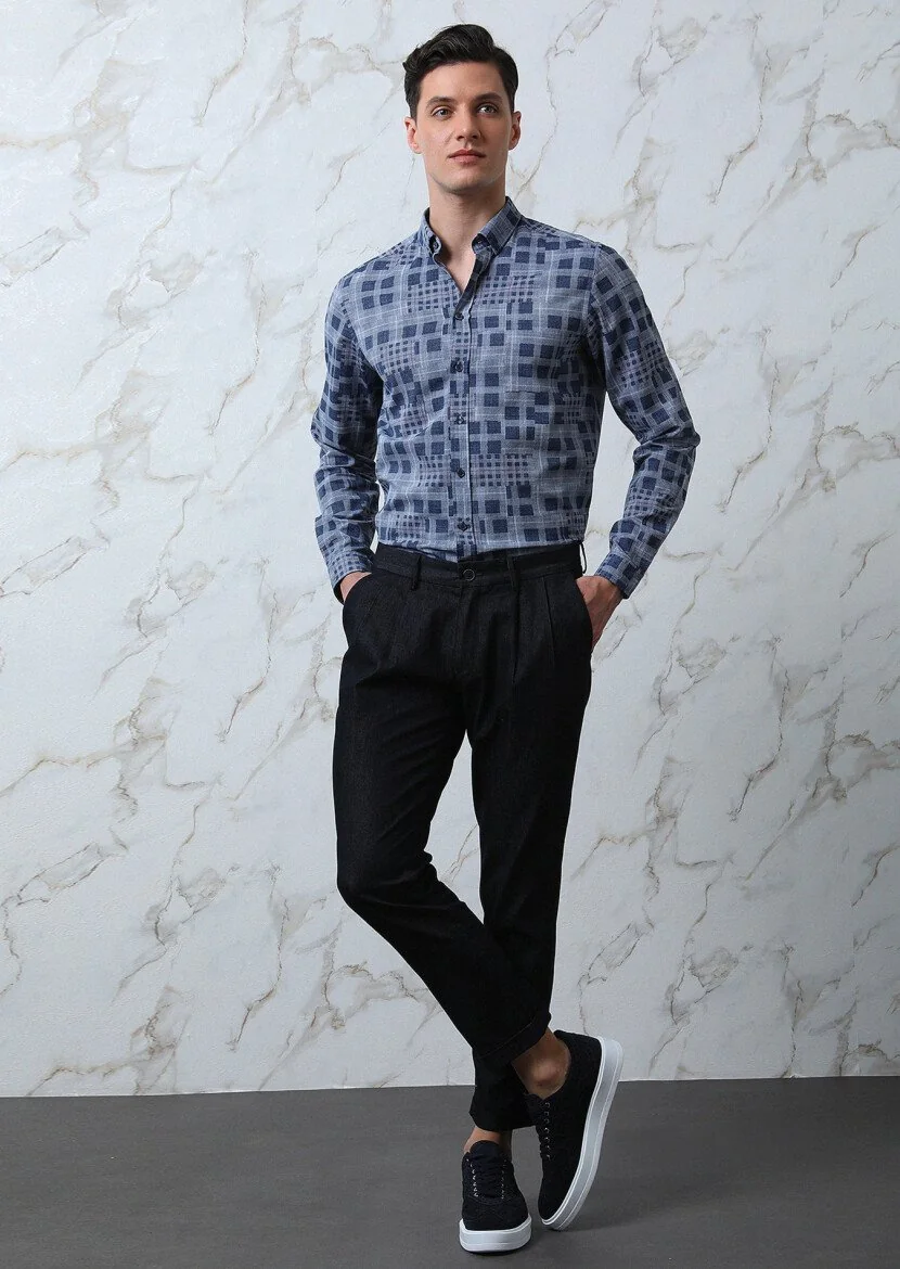 İndigo Kareli Regular Fit Dokuma Casual %100 Pamuk Gömlek - 2