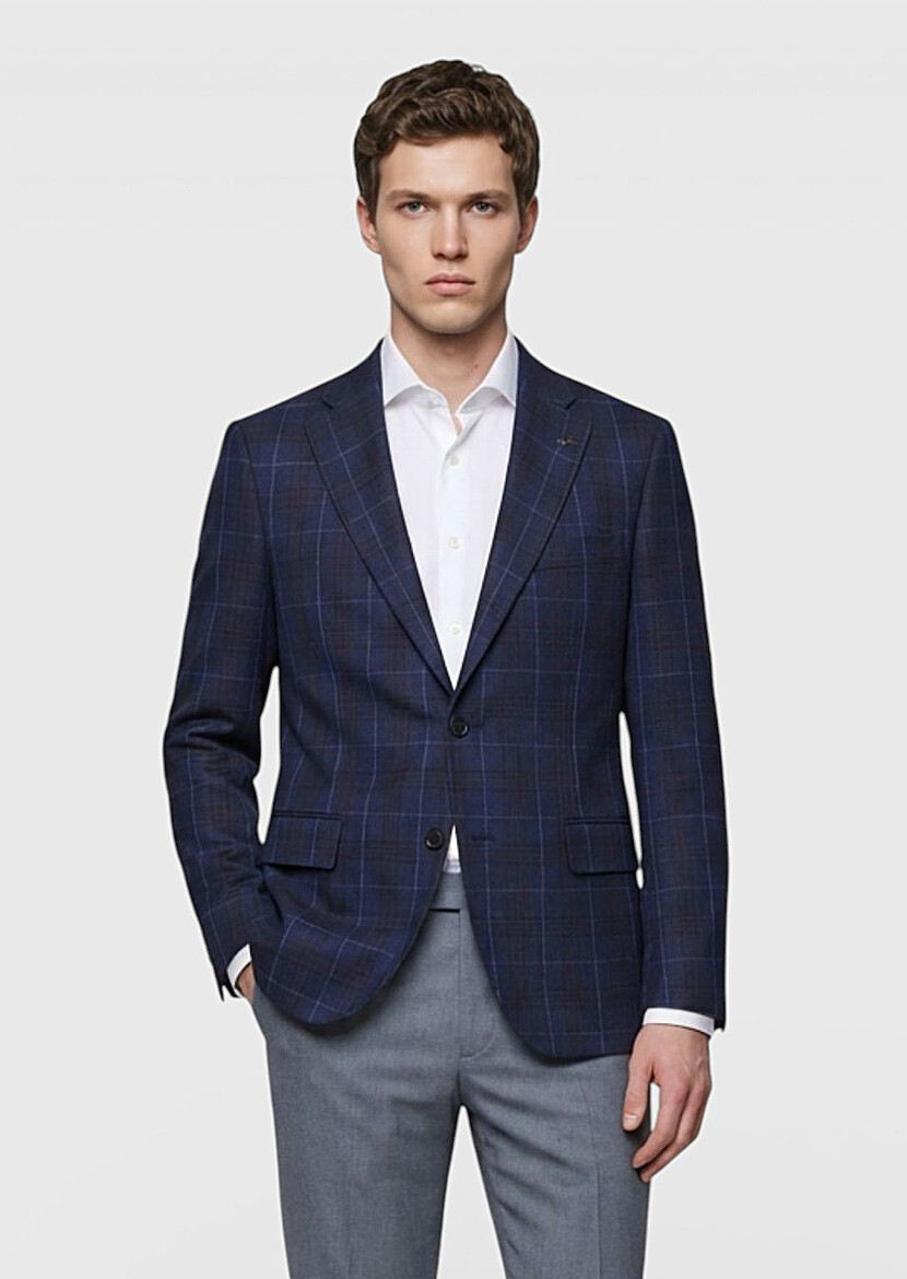 İndigo Kareli Zeroweight Slim Fit Yün Karışımlı Ceket - RAMSEY