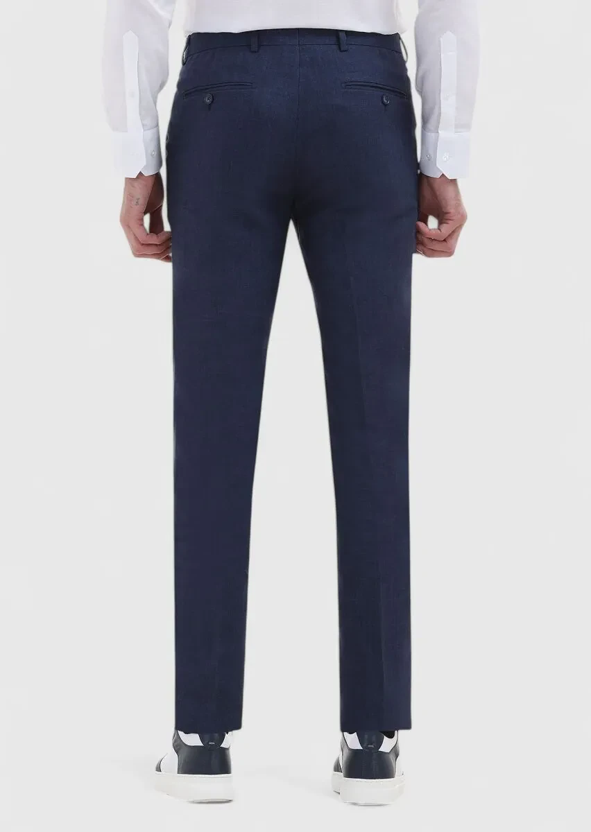 Indigo Material Modern Fit Classical 100% Linen Trousers - 4