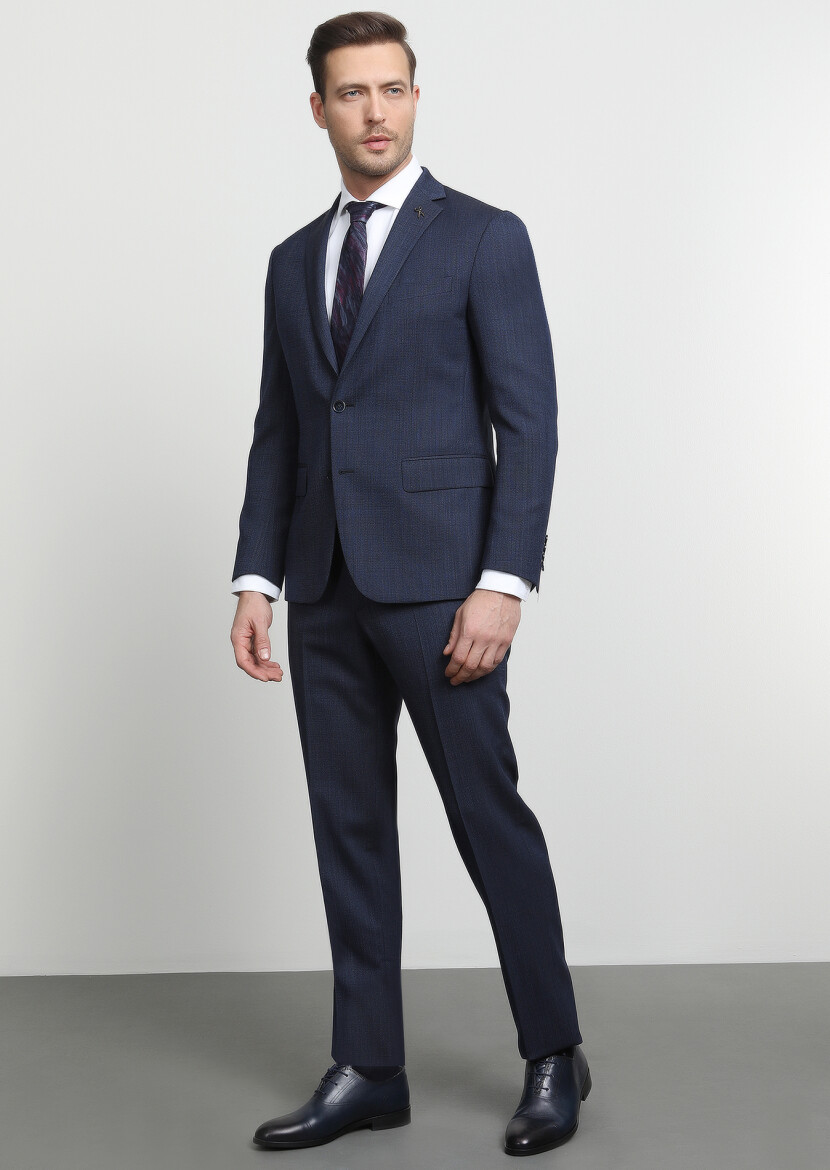 İndigo Mikro Zeroweight Slim Fit Yün Karışımlı Takım Elbise - 1
