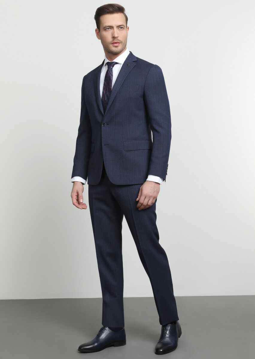 İndigo Mikro Zeroweight Slim Fit Yün Karışımlı Takım Elbise - 1