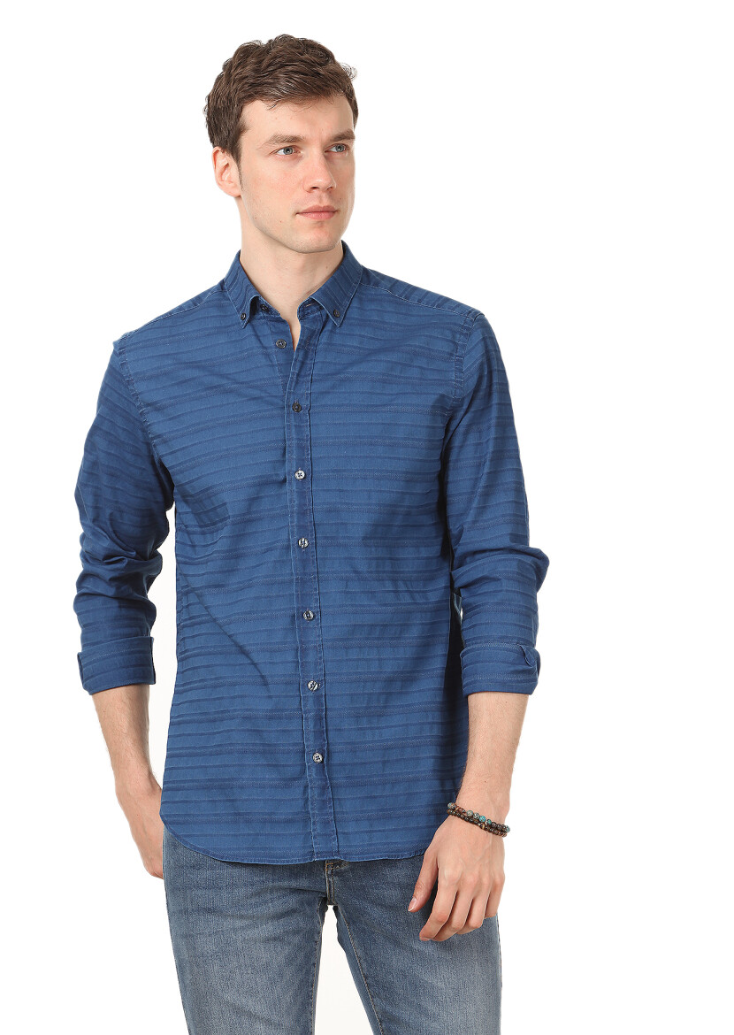Indigo Patterned Dynamic Fit Long Weaving Casual Cotton Blended Shirt - 1