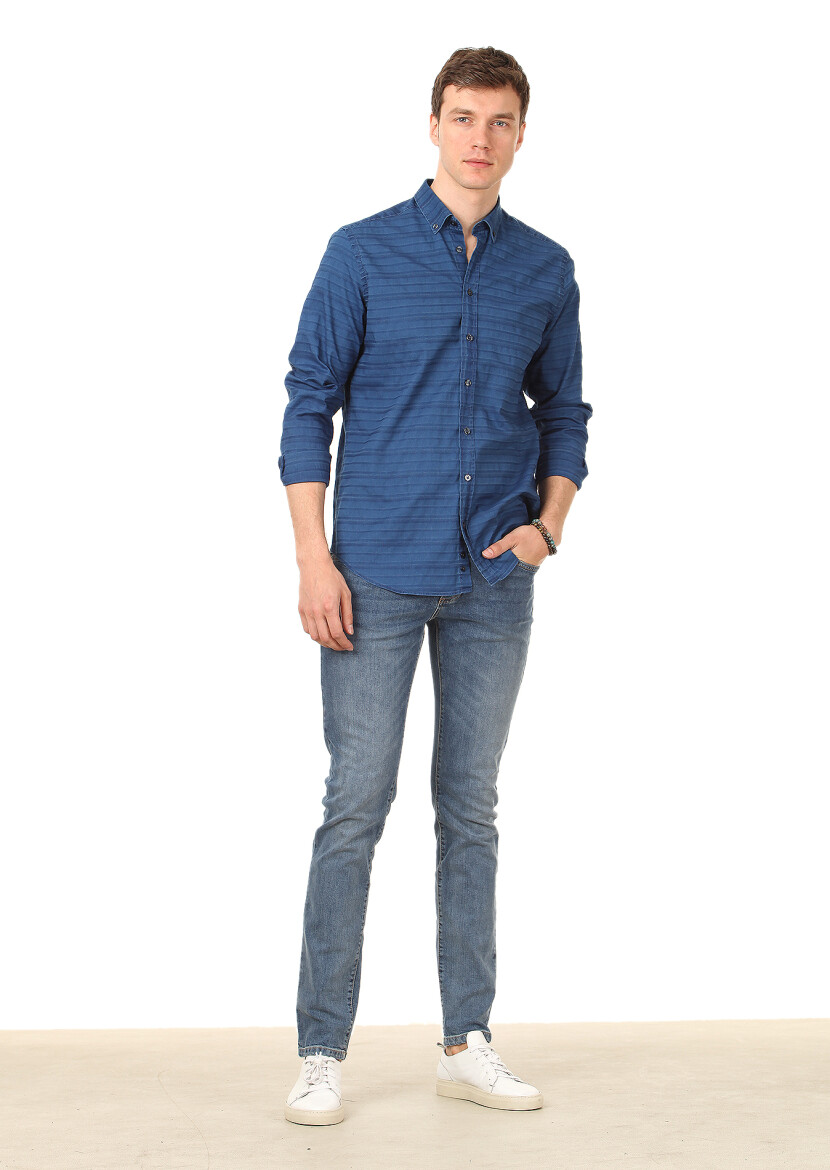 Indigo Patterned Dynamic Fit Long Weaving Casual Cotton Blended Shirt - 3