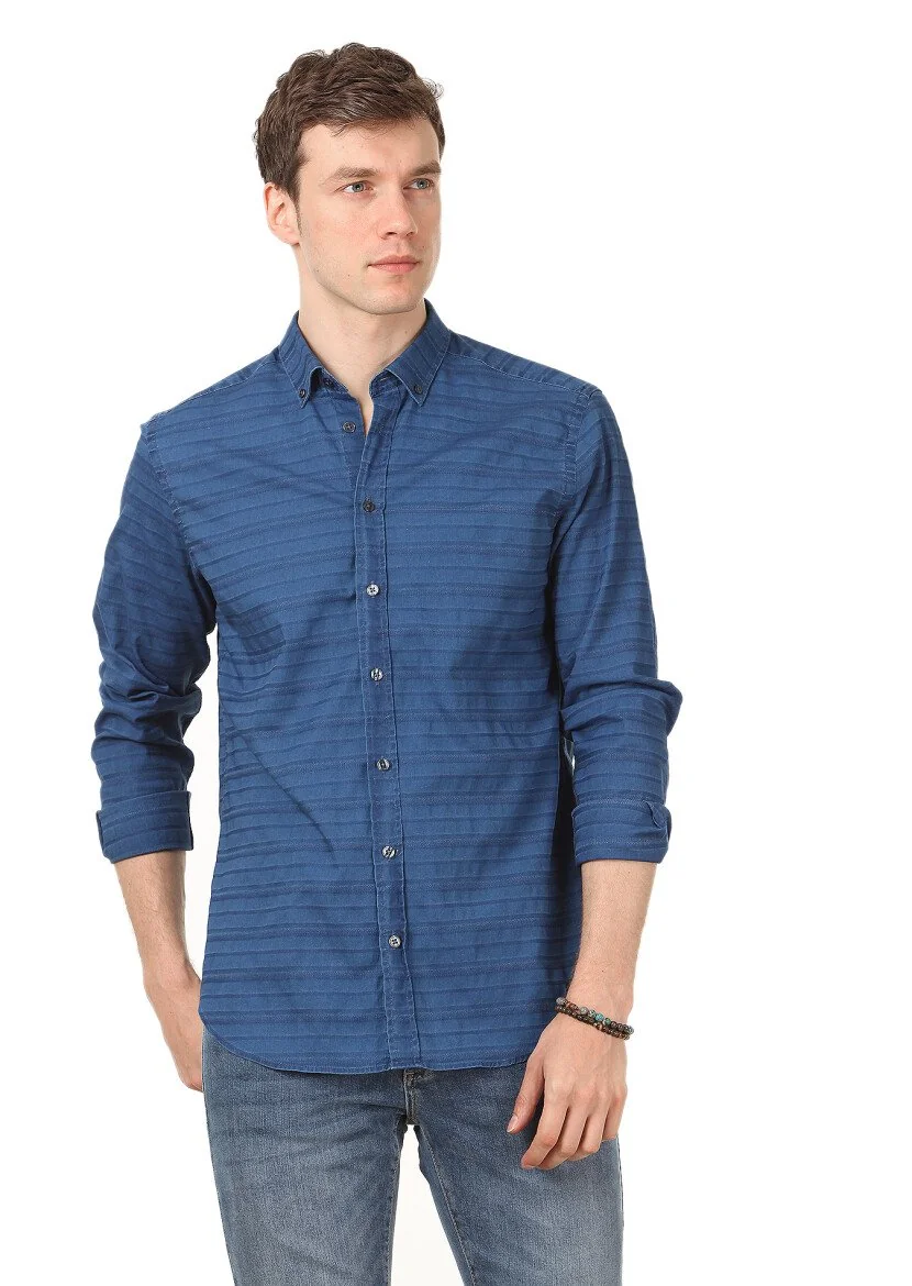 Indigo Patterned Dynamic Fit Weaving Casual Cotton Blended Shirt - 1