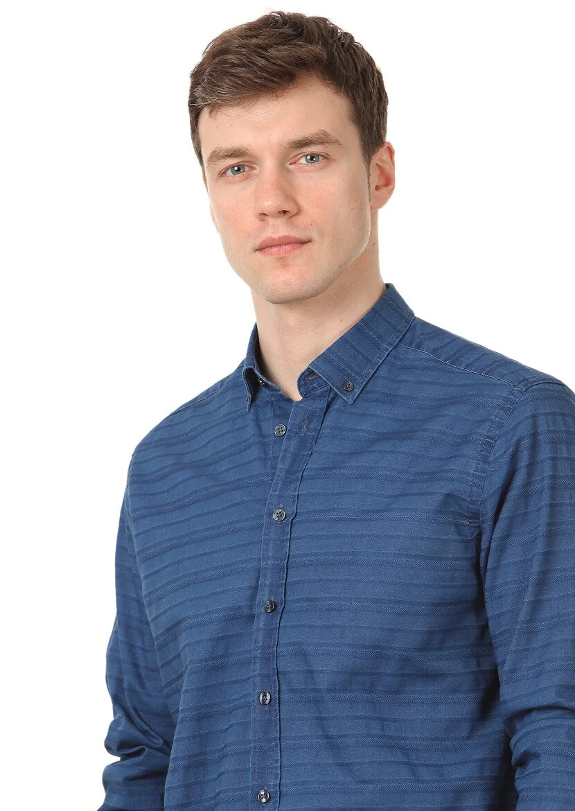 Indigo Patterned Dynamic Fit Weaving Casual Cotton Blended Shirt - 2