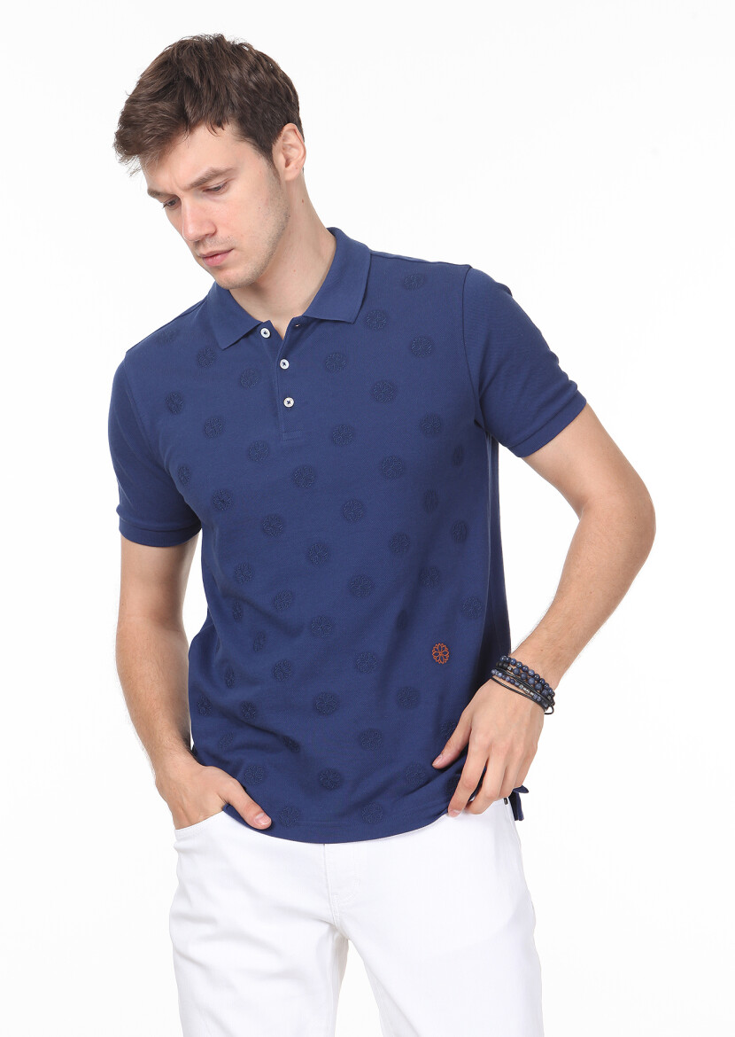 Indigo Patterned Polo Neck 100% Cotton T-Shirt - 1