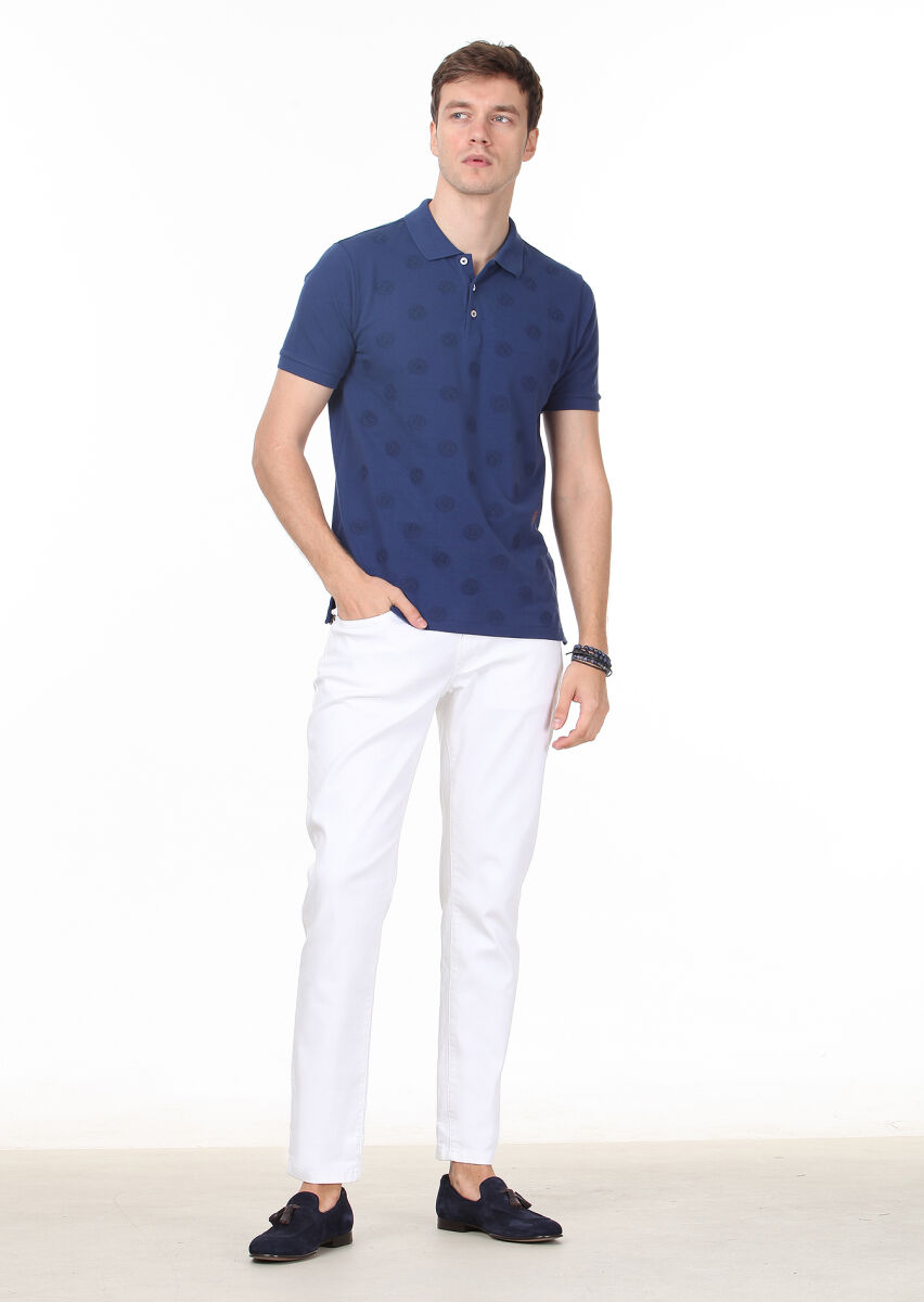 Indigo Patterned Polo Neck 100% Cotton T-Shirt - 3