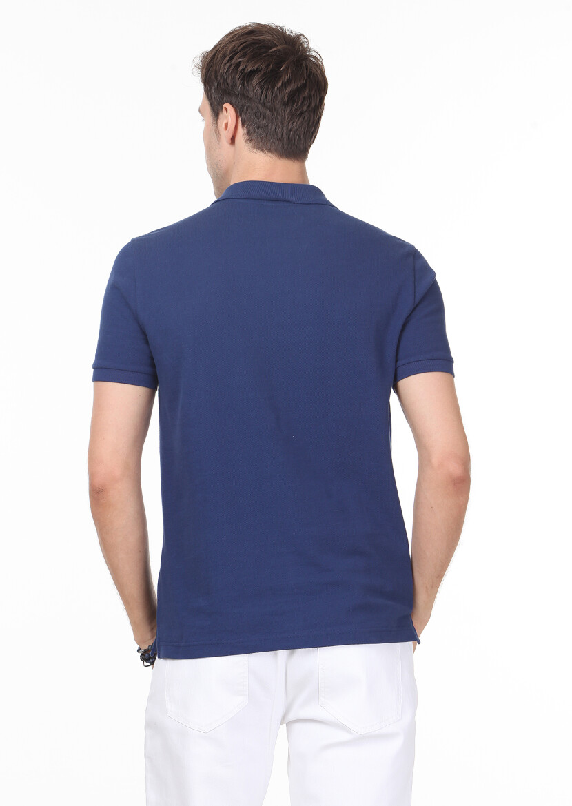 Indigo Patterned Polo Neck 100% Cotton T-Shirt - 4