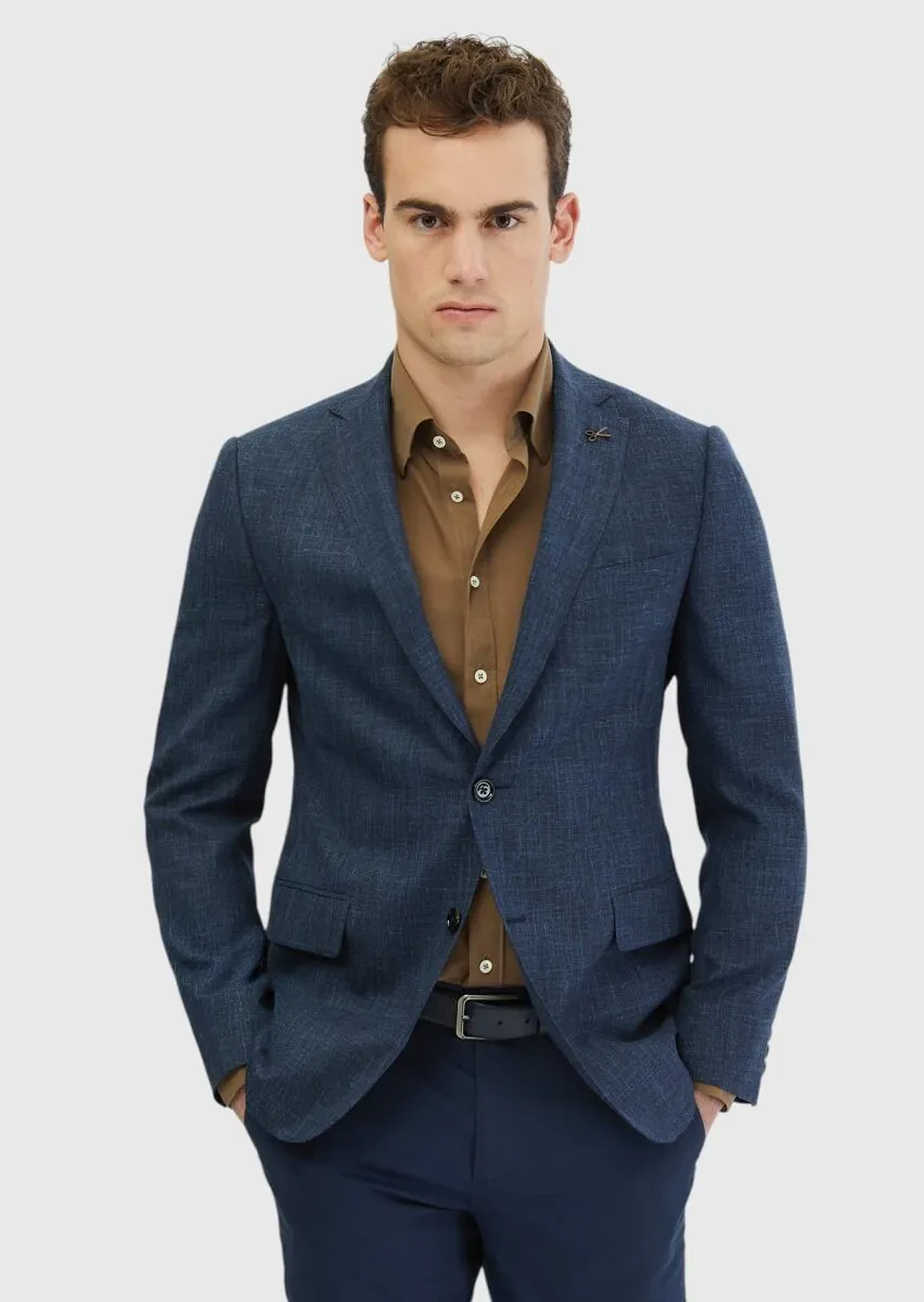 Indigo Patterned Regular Fit Silk Blended Jacket - 1