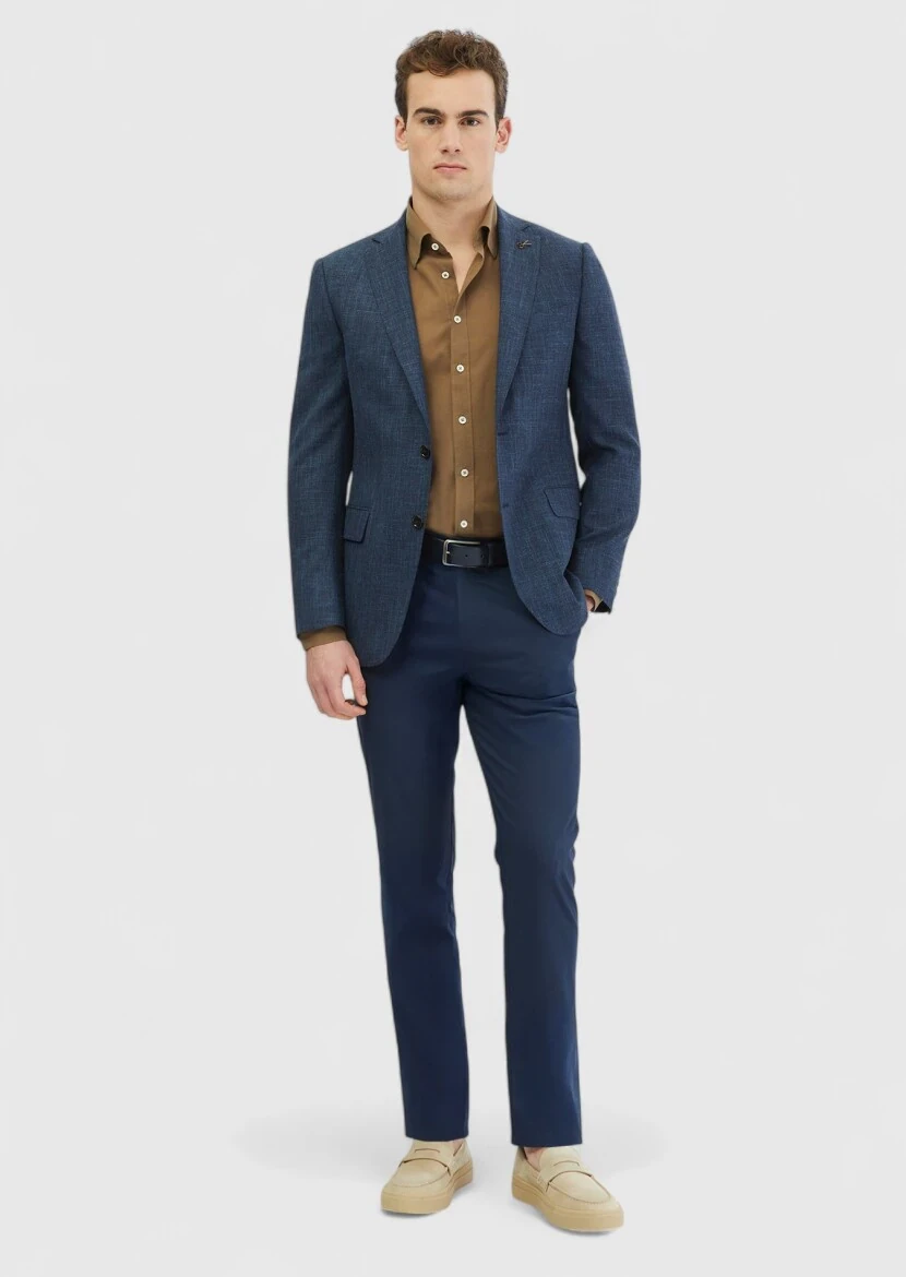 Indigo Patterned Regular Fit Silk Blended Jacket - RAMSEY