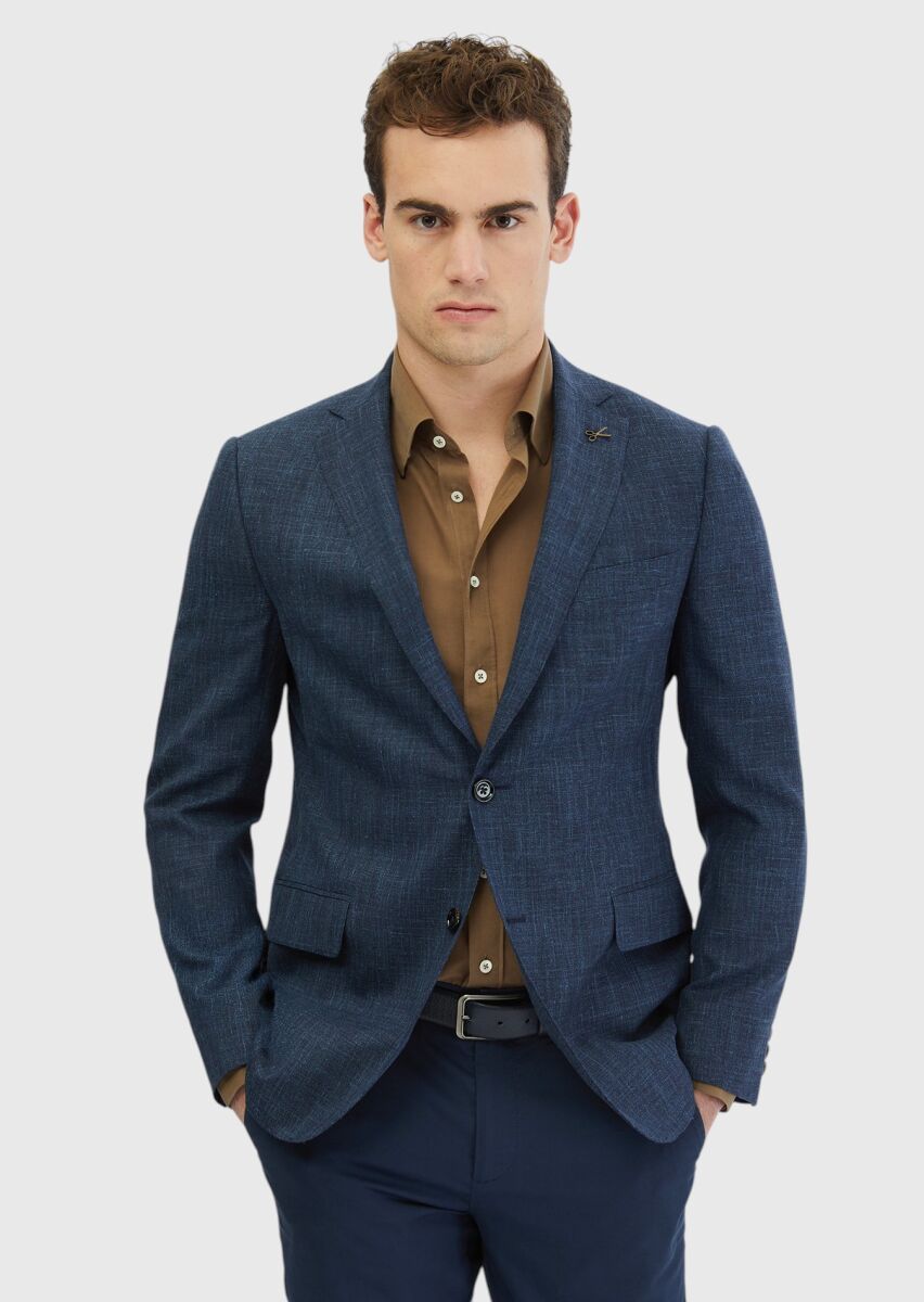 Indigo Patterned Regular Fit Silk Blended Jacket - 1