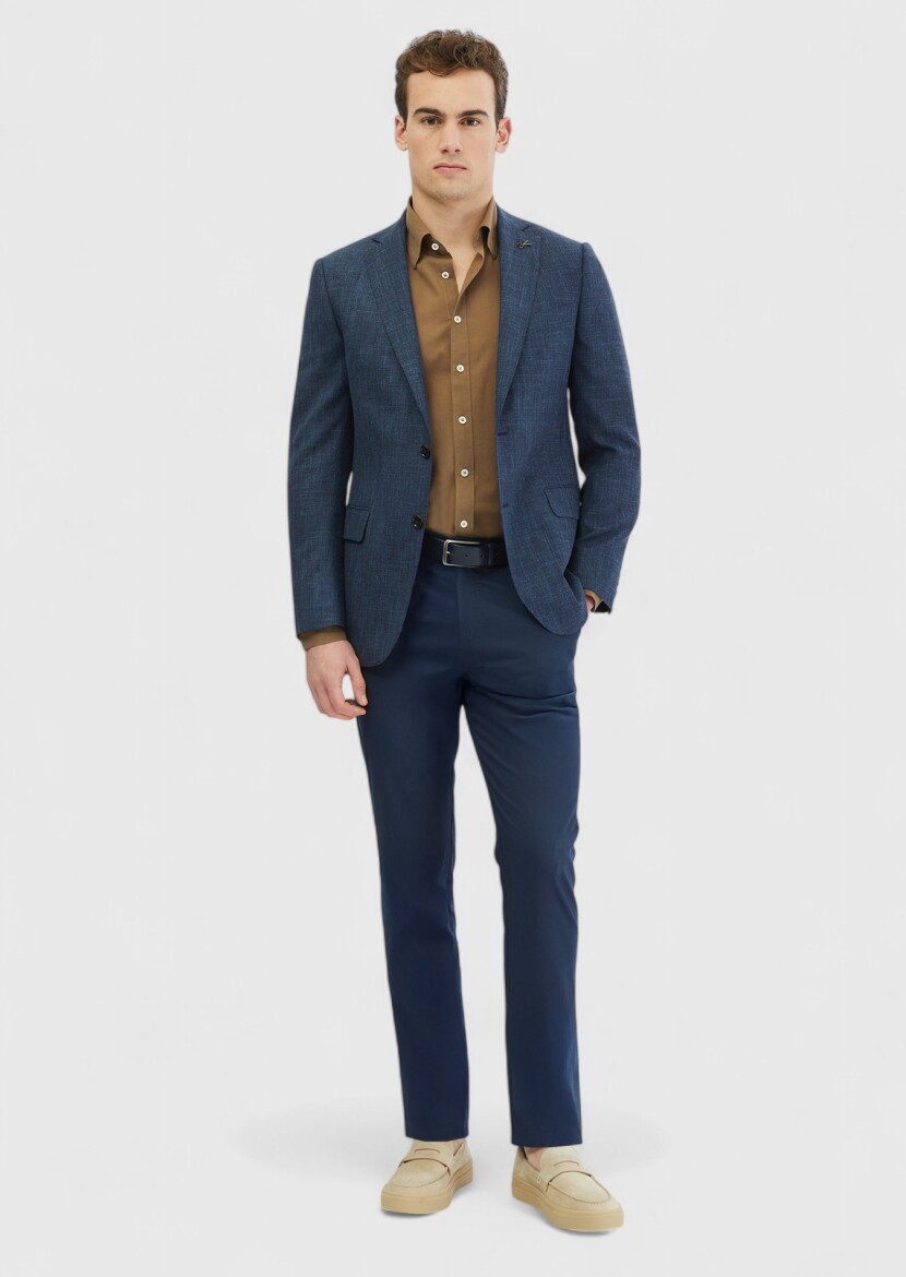 Indigo Patterned Regular Fit Silk Blended Jacket - RAMSEY