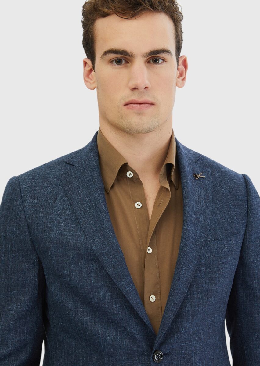 Indigo Patterned Regular Fit Silk Blended Jacket - 3