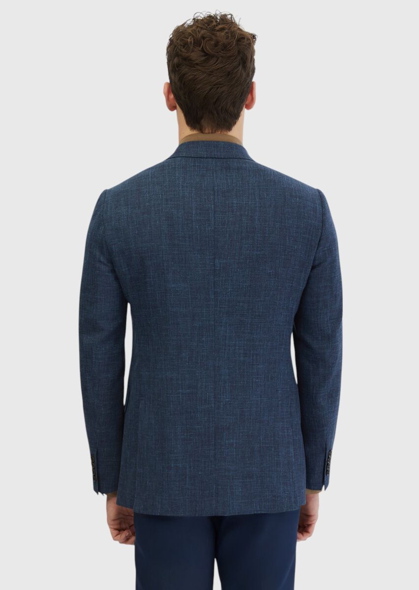 Indigo Patterned Regular Fit Silk Blended Jacket - 7