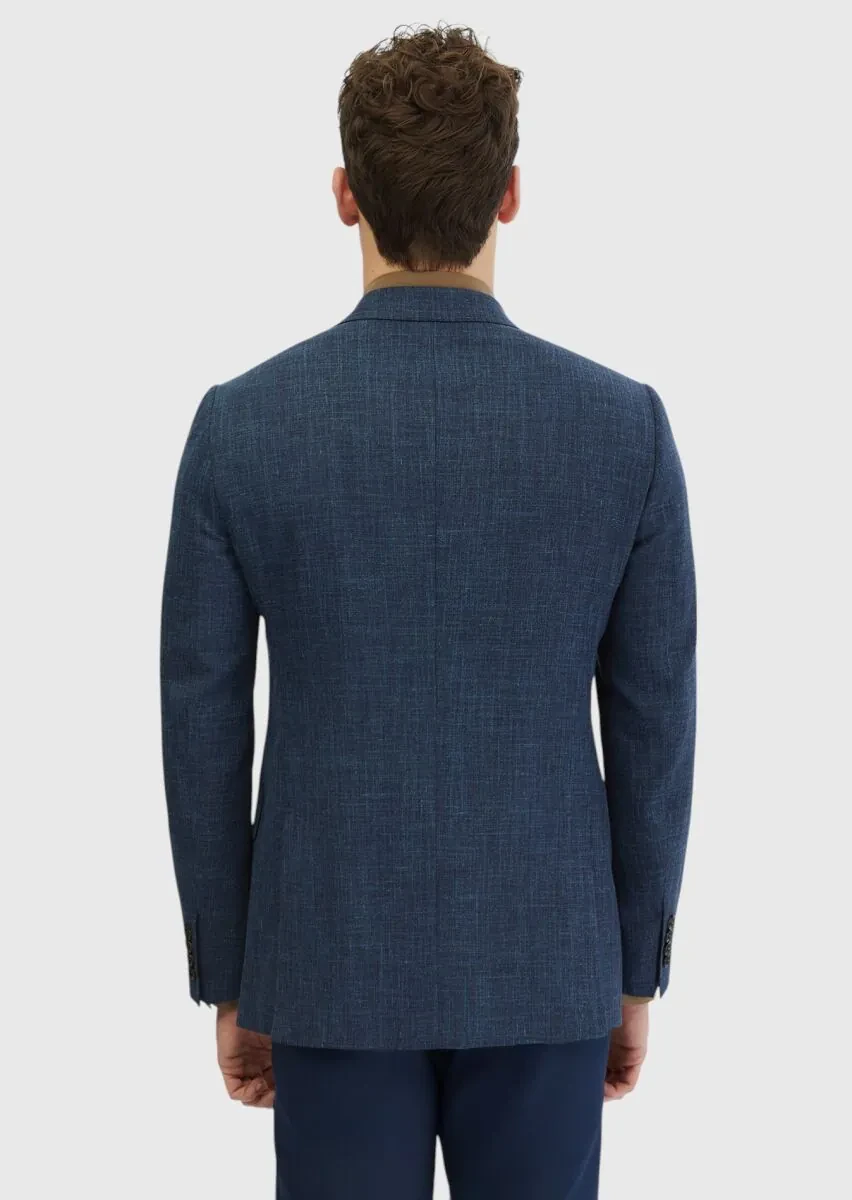 Indigo Patterned Regular Fit Silk Blended Jacket - 6