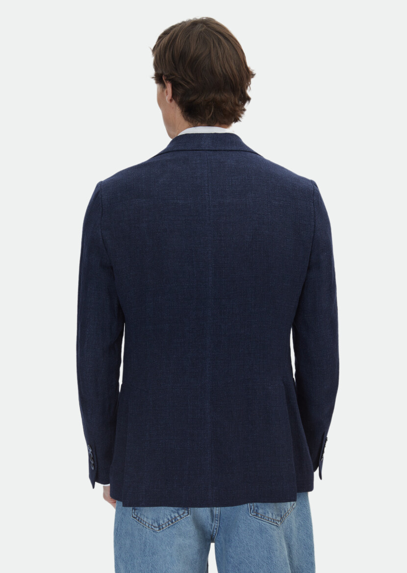 Indigo Patterned Shirt Shoulder Slim Fit 100% Linen Jacket - 7