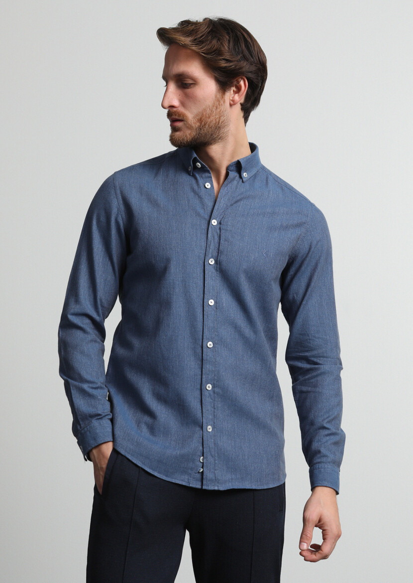 Indigo Patterned Slim Fit Long Weaving Casual 100% Cotton Shirt - 1