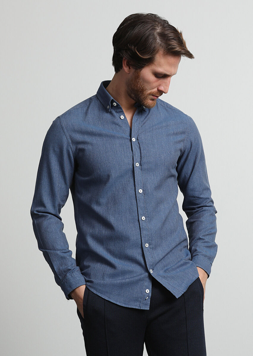 Indigo Patterned Slim Fit Long Weaving Casual 100% Cotton Shirt - 2
