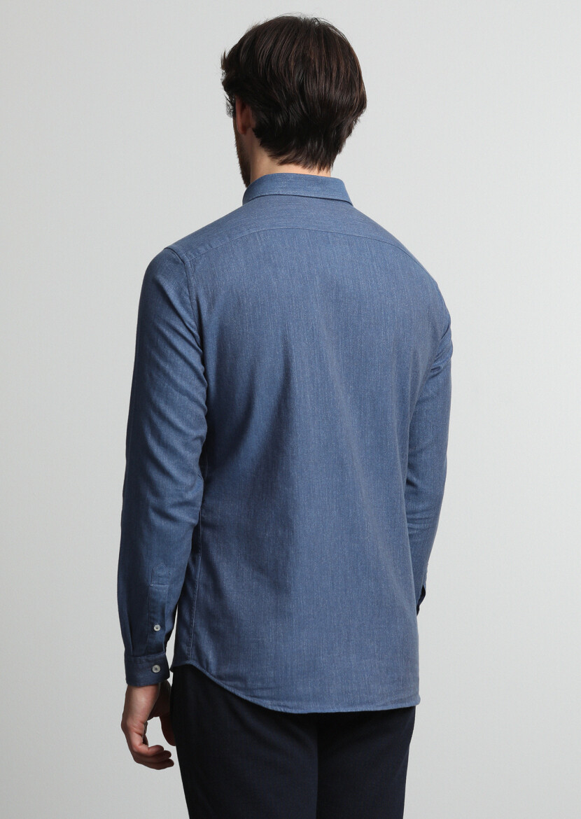Indigo Patterned Slim Fit Long Weaving Casual 100% Cotton Shirt - 3