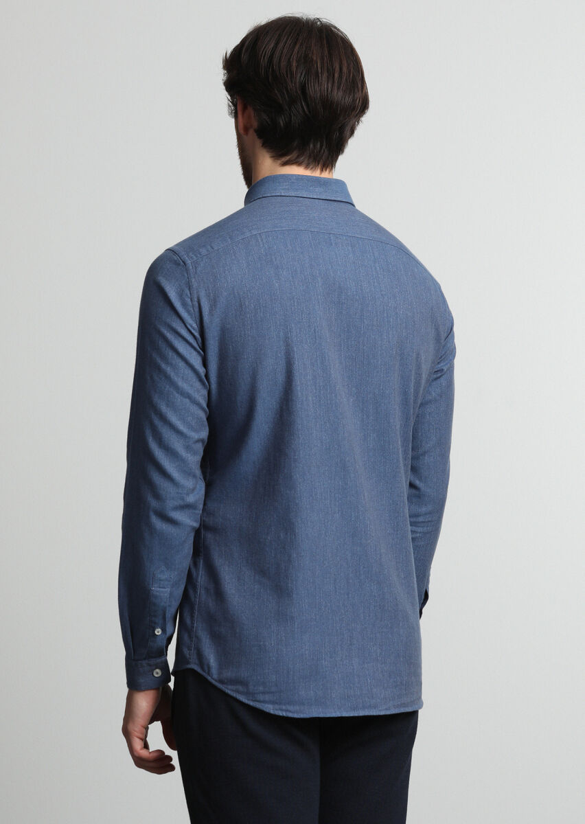 Indigo Patterned Slim Fit Long Weaving Casual 100% Cotton Shirt - 3