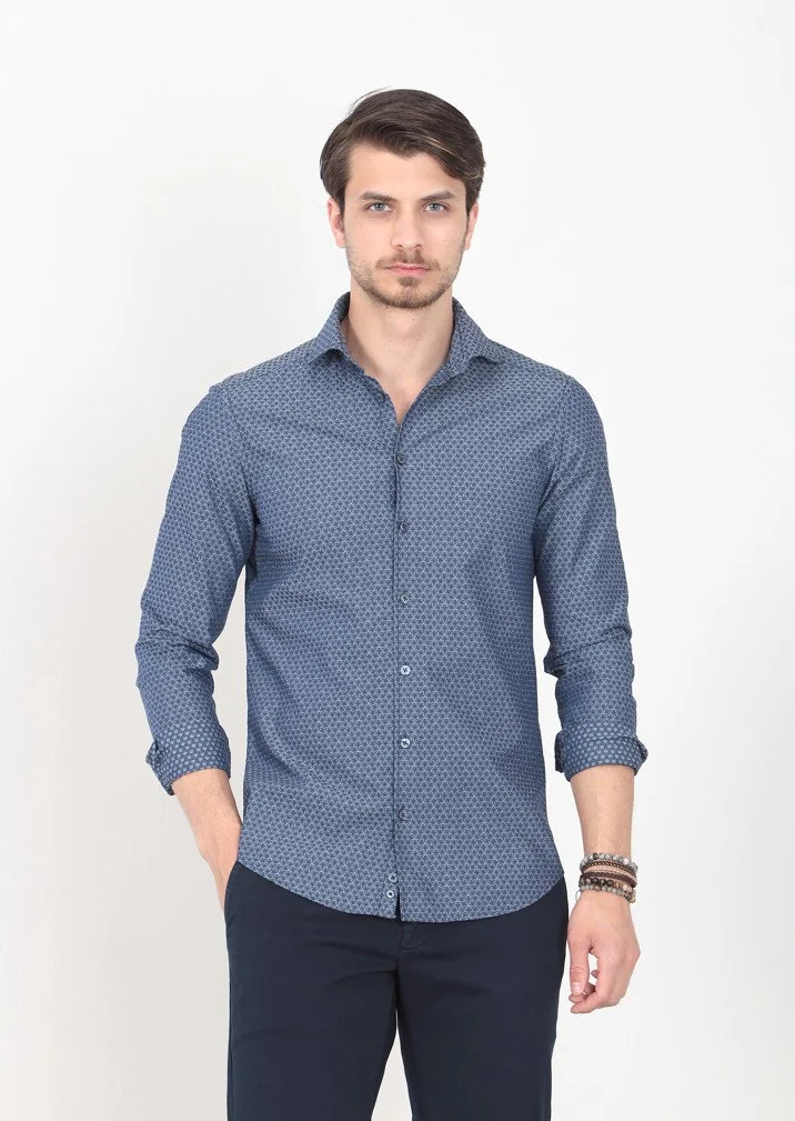 Indigo Patterned Slim Fit Weaving Casual 100% Cotton Shirt - 1
