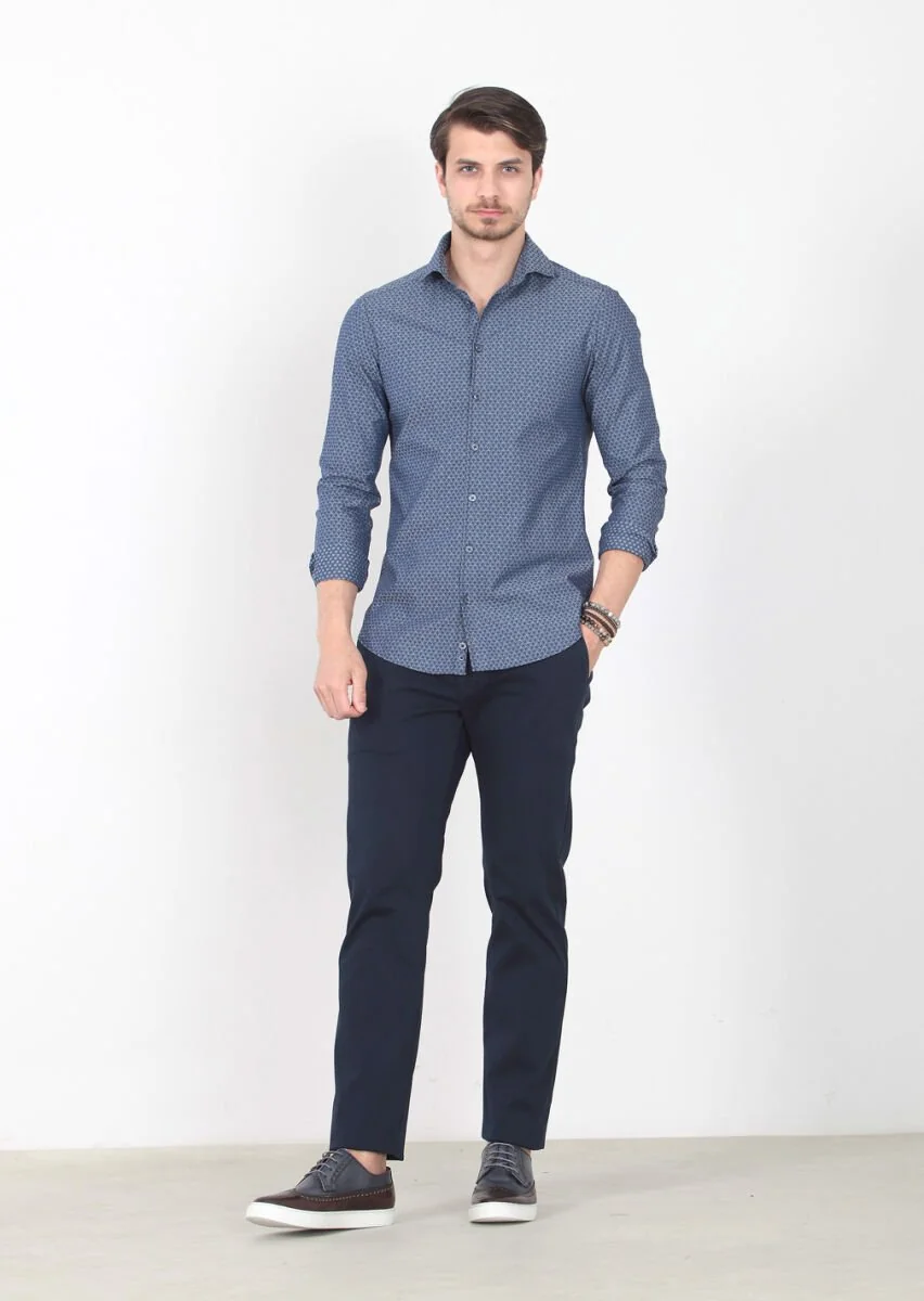 Indigo Patterned Slim Fit Weaving Casual 100% Cotton Shirt - 2